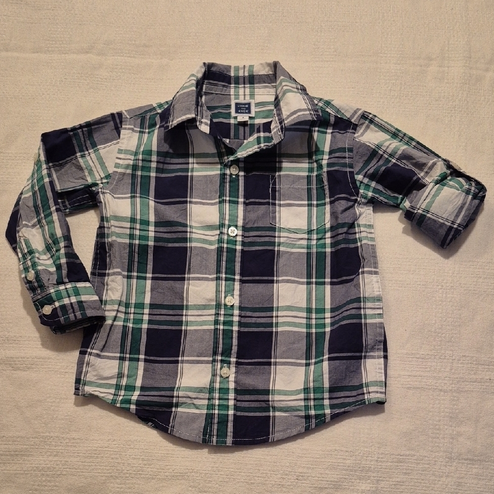 Janie and Jack boys size 3 long sleeve plaid shirt convertible sleeve VGUC